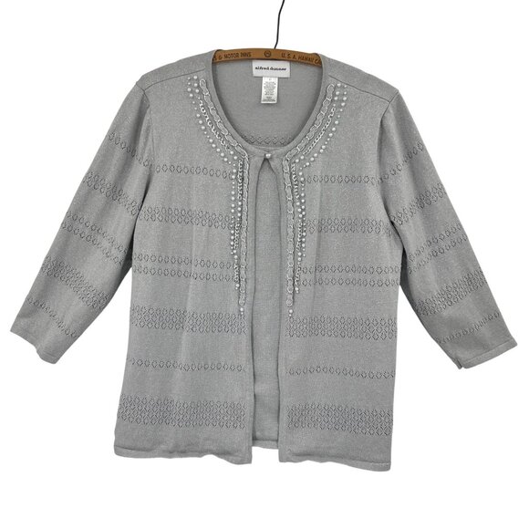 Alfred Dunner Sweaters - Alfred Dunner Stunner Cardigan Large Silver Open-Front With Pearls & Chains